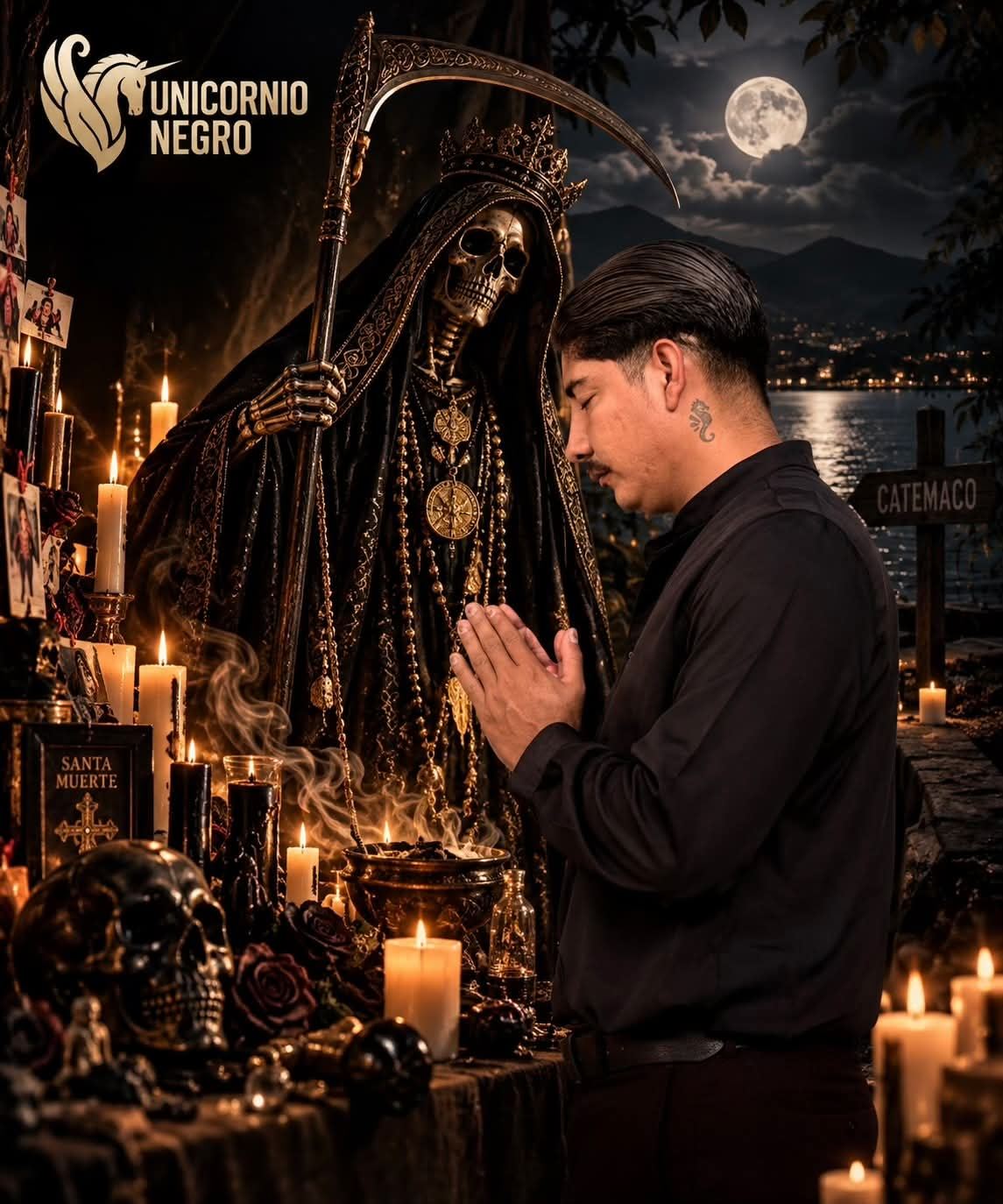Unicornio Negro en oraci贸n ante el altar de la Santa Muerte