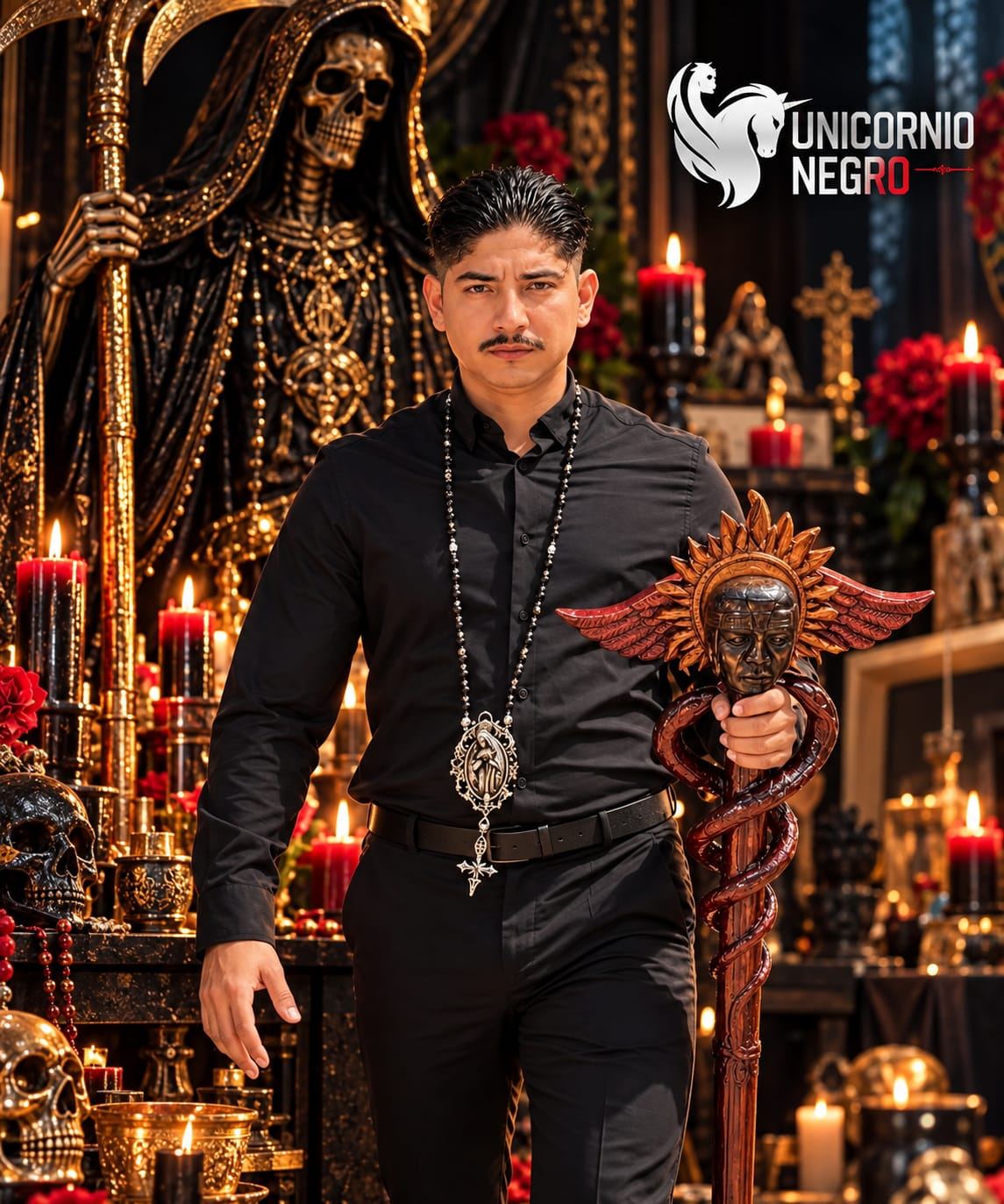 Unicornio Negro con su bast贸n ceremonial frente al altar de la Santa Muerte